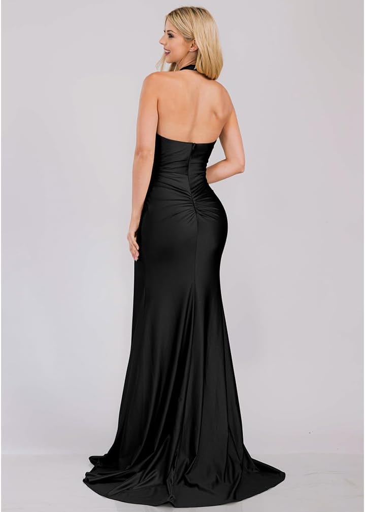 LAGSHIAN Women's Elegant V Neck Halter Backless Bodycon High Split Ruched Long Formal Evening Dress - Image 6