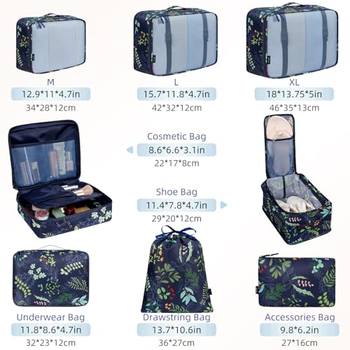 Image of BAGAIL 8 Set Packing Cubes Luggage Packing Organizers for Travel Accessories-Navy Leaf