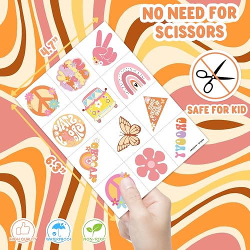 Image of 60 PCS Groovy 70s Retro Temporary Tattoos for Kids - Pre-Cut Retro 60s