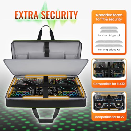 Image of SNIGJAT DJ Controller Case for DDJ-FLX10 / DDJ-GRV6 / REV5 / REV7 / FLX6 / 1000, Padded Large DJ Controller Bag with 12 Pockets for Laptop, Cables, Accessories, DJ Carrying Case with Shoulder Strap, Green