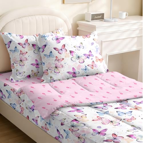 Image of Kids Comforter Set,Zipper Bedding Twin for Girls,Butterfly Printed Comforter Set with Color Spots Fitted Sheets and Pillowcases for All Season(Butterfly)