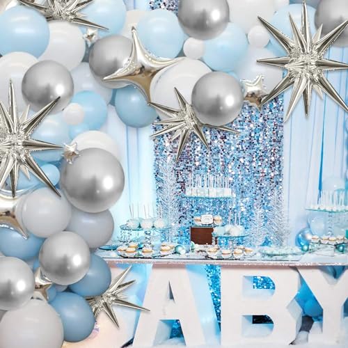Image of TONIFUL 8 Pcs Explosion Star Balloons Silver Foil Balloon Party Decorations | 2 Size Mylar Star Balloon for New Year Party Decor Christmas Graduation Birthday Wedding Baby Shower Photo Booth Supplies