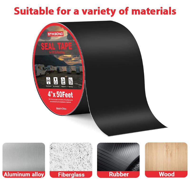 Image of 4 inch x 50Ft 1-Pack Black RV Sealant Tape,Waterproof Commercial Roof Tape for Walls, Appliances, Vehicle Repairs, and Weatherproof
