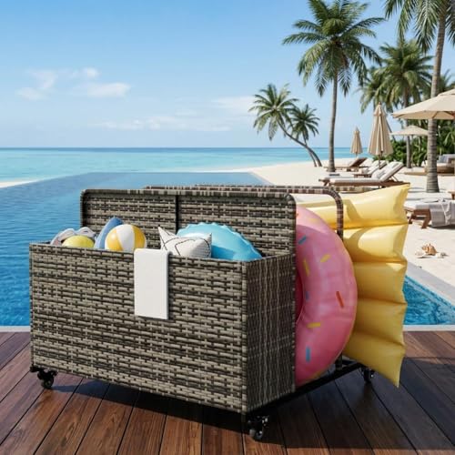 Pool Float Storage Organizer with Rolling Wheels, Outdoor Wicker Rattan Pool Caddy & Toy Storage Basket, All-Weather PE Rattan Holder for Pool Noodles, Life Vests, Beach Balls, Equipment, Patio Deck
