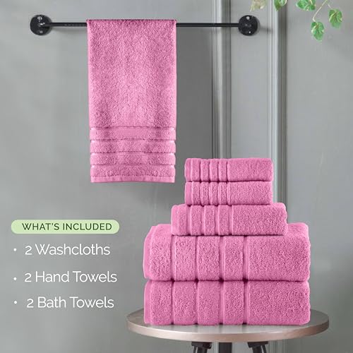 Image of Elegant Comfort 4 Lines Viscose Stripe 6-Piece Premium Towel Set - 100% Turkish Cotton High Absorbent Luxury Bathroom Towels - Includes 2 Washcloths, 2 Hand Towels and 2 Bath Towels Set, Light Pink