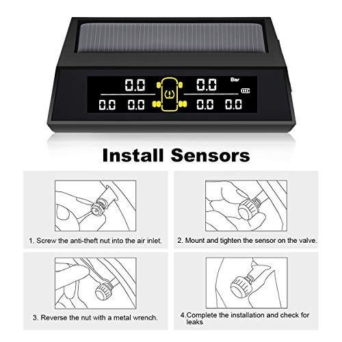 HONGNAL Tire Pressure Monitoring System for RV Trailer, Solar/USB Charging TPMS Wireless Monitor with 6 Tire Pressure Sensors, Real-time Display Tire Pressure and Temperature and 6 Alarm Function - Thumbnail 6