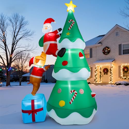7 FT Inflatable Christmas Tree Built-in Bright LED Lights, Dog Bites Santa Claus Funny Xma