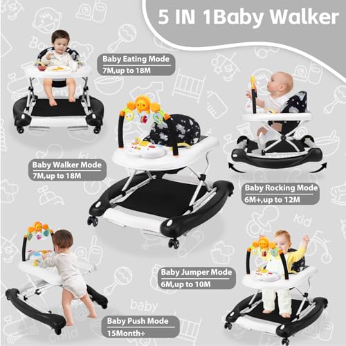 Image of Baby Walker, 5 in 1 Baby Walkers for Boys Girls 6-12 Months, Foldable Walkers for Babies with Bouncer & Feeding Tray, Music, Adjustable Heights, Activity Walker for Infant