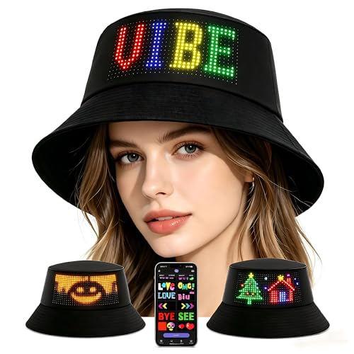 XIXHHAT LED Bucket Hat Programmable Light Up Hat with Bluetooth App Controlled Scrolling Message Customizable Display Glow Hat for Men Women EDM Festival Party Rave Accessories Black