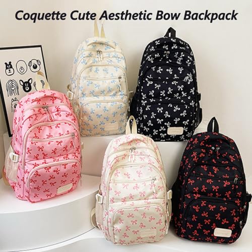 Pink Bow Backpack 3pcs Set,Coquette Cute Aesthetic Bow Backpack, Kawaii Nylon Backpack Set Large Capacity (Pink)2