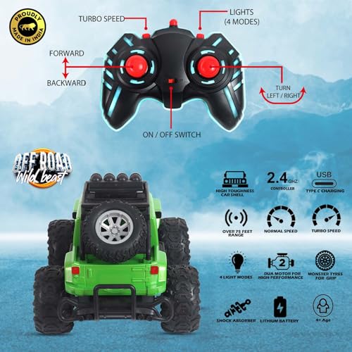 Image of Popsugar Off Roader Rechargeable Remote Control Monster Truck with 4 Headlight Modes | Lithium Battery | C-Type Charging | Remote Control Car for Kids | Made in India, Green with Black
