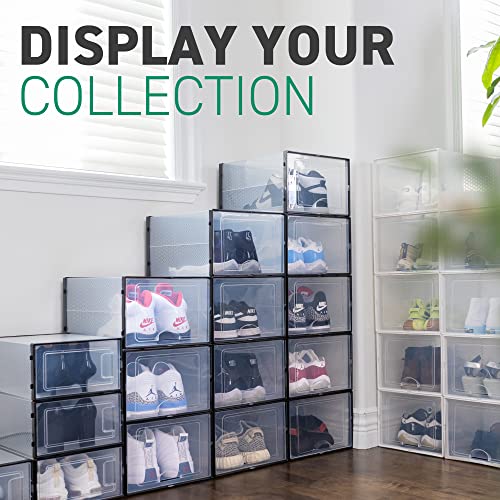 OLLIE Drop Front Soft Plastic Shoe Box - Fits Up to Size 9 Mens - Storage Box Organizer, Shoe Boxes Clear Plastic, Stackable Storage Containers, Shoes Organizer Storage (Pack of 24) (Medium, Clear)