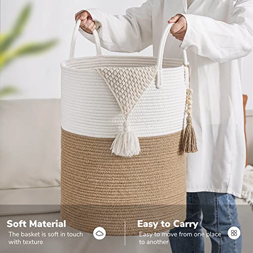 Goodpick Woven Laundry Basket Decorative Blanket Basket For Living Room, Tall Storage Basket For Clothes, Toys, Towels, Wicker Laundry Hamper 16 X 20 Inches, White And Jute #TOP3
