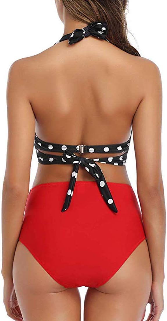 Women's Supportive Halter Bikini Padded Push Up Ruched Bust Hook Back