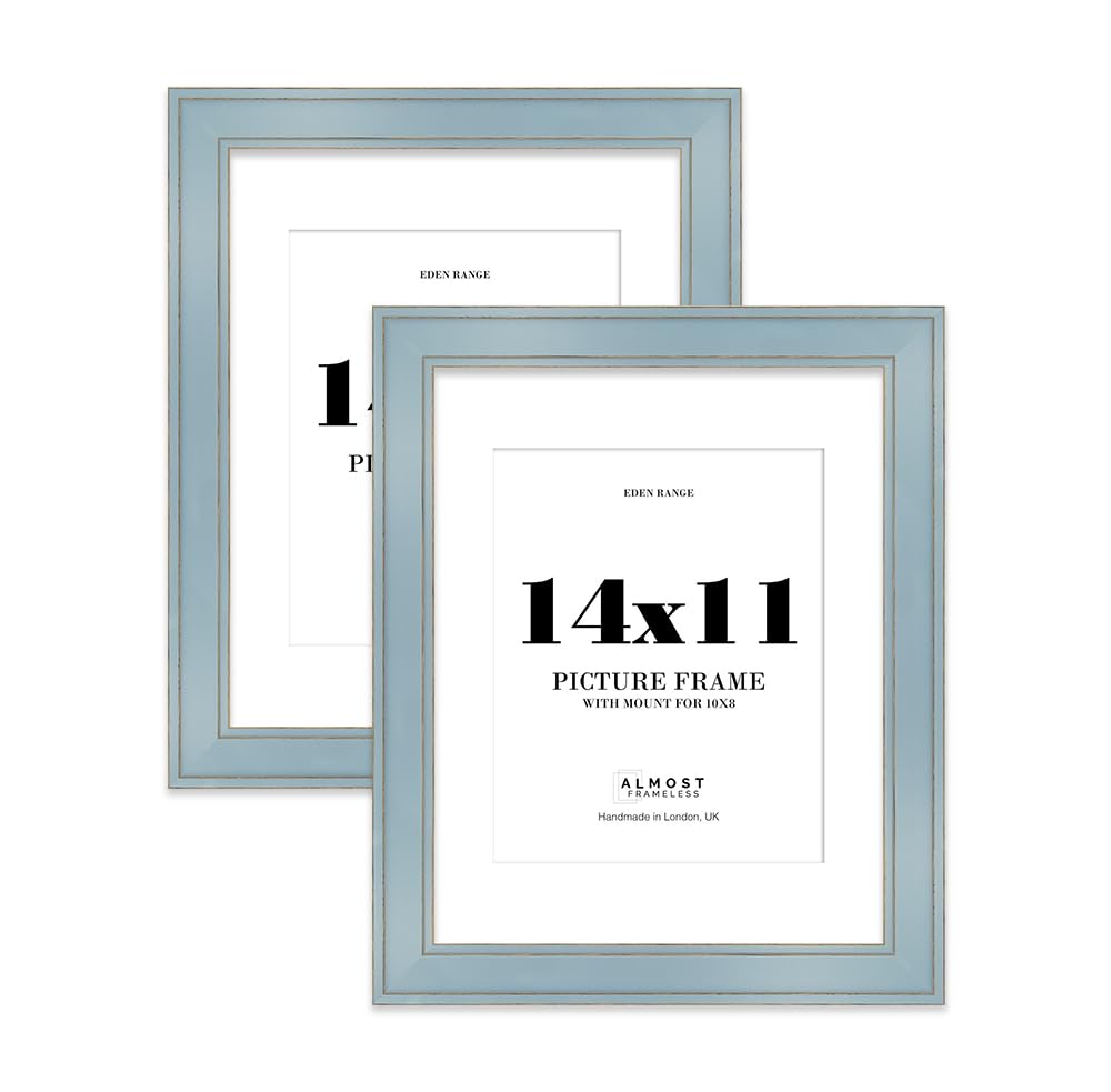 14x11" Cornflower Blue Picture Frame with 10x8" Mount - Shabby Chic Photo Frame with Distressed Finish, Gold Trim, Wall Hooks and Kickstand, 37mm Edge - 2 Pack