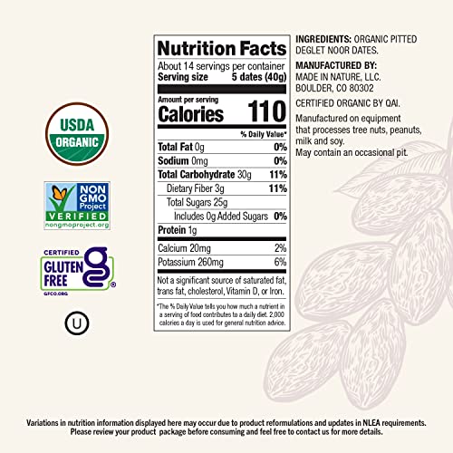 Made In Nature Organic Dried Deglet Noor Dates, 20 Ounce (Pack of 1) – Vegan Snack, Non-GMO, Unsulfured, Gluten Free, Kosher