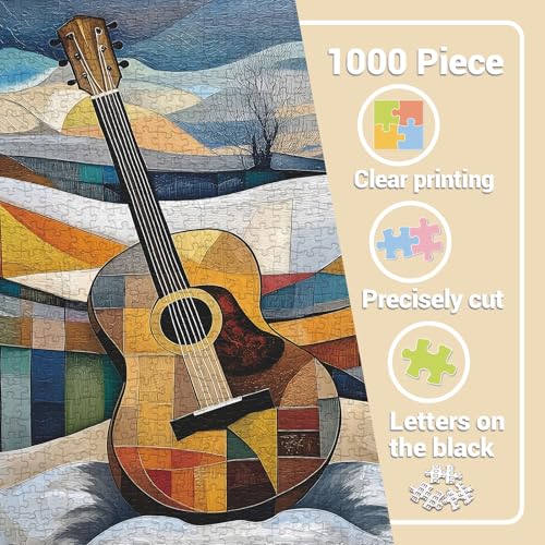 Rompecabezas de guitarra geométrica colorida para adultos, 1000 piezas. Rompecabezas de puzle musical con tema de guitarra. Rompecabezas artísticos desafiantes, coloridos y frescos de instrumentos musicales. miniatura 4