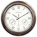 SkyNature Waterproof Outdoor Clock, 18 Inch Large Outdoor Clocks with Thermometer & Hygrometer Combo, Silent Battery Operated Metal Wall Clock for Living Room, Patio, Garden, Pool Decor - Bronze