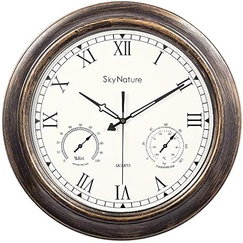 SkyNature Waterproof Outdoor Clock, 18 Inch Large Outdoor Clocks with Thermometer & Hygrometer Combo, Silent Battery Operated Metal Wall Clock for Living Room, Patio, Garden, Pool Decor - Bronze Cover