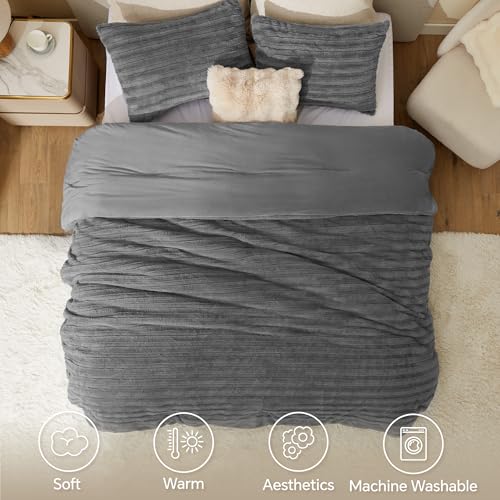 Image of BEDELITE Fleece Queen Comforter Set -Super Soft & Warm Fluffy Grey Faux Fur Bedding, Luxury Fuzzy Heavy Bed Set for Winter with 2 Pillow Cases