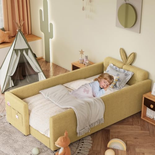 Image of Twin Size Bed Frame for Kids, Upholstered Daybed Frame Floor Bed with Safety Rails and Storage Pocket Cute Rabbit Ear Shaped Headboard for Kids Teens Boys Girls, Yellow