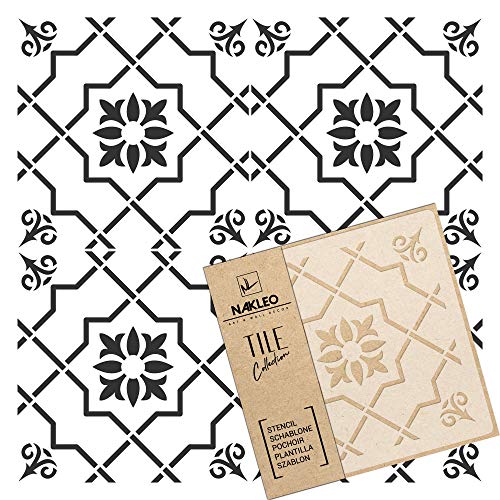 NAKLEO Aveleda Tile Plantilla de plástico reutilizable – 10x10cm - Morisco Floral Español - Geométrico marroquí - Adoquín Bloque Concreto Piso Pared Pintura Plantilla Madera