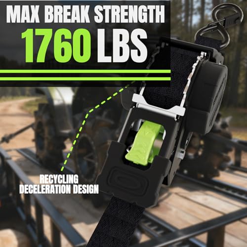 Image of Retractable Ratchet Straps, 4-Pack, 1 Inch x 12 Feet Heavy Duty Tie Downs, 1760lb Break Strength, Self Retracting for Truck, Cargo, Trailer, Motorcycle, ATV, UTV (Black-Green, 4pack)
