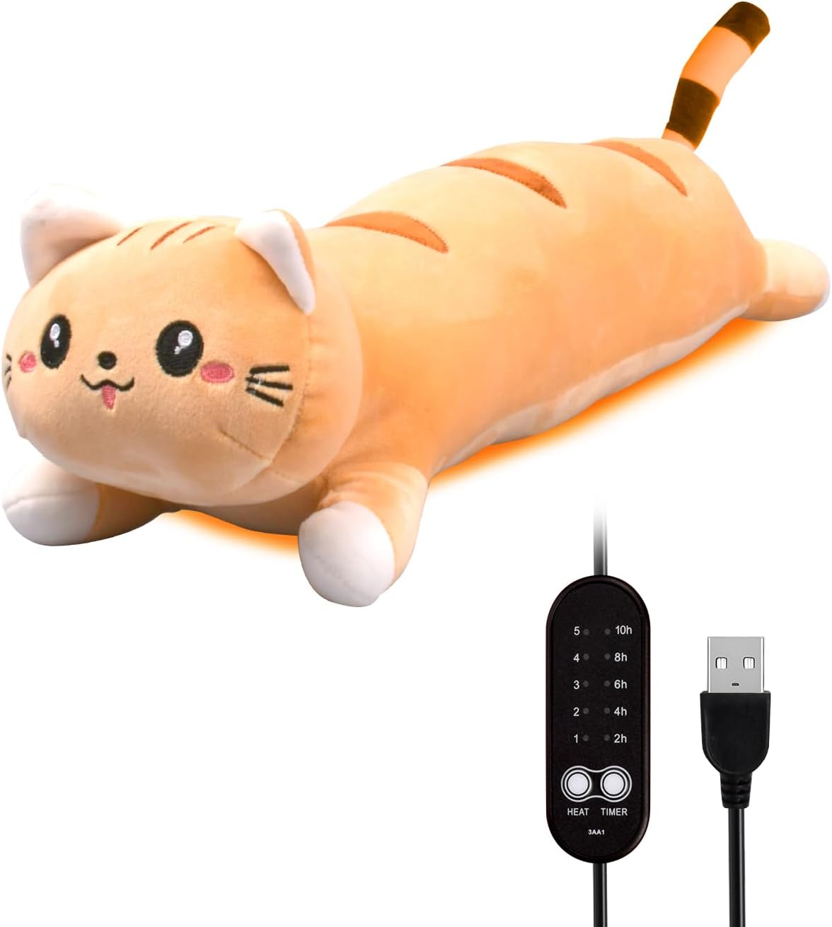 20" Grey Cat Heating Pad for Period Cramps USB Portable Electric 5 Heat Settings 5 Timer Modes Auto Shut Off Plush Stuffed Animal Warmer for Neck Back Pain Relax for Women Kids