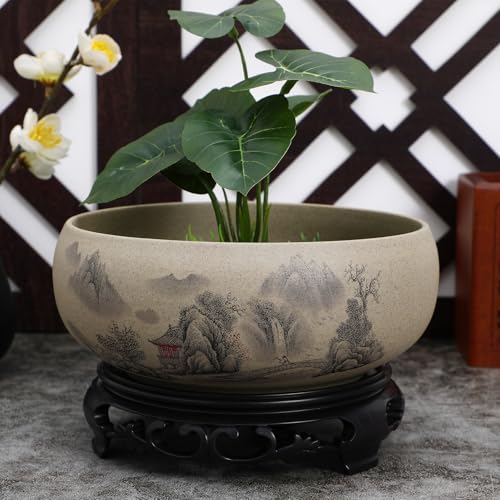 Pot de fleurs en céramique bleu et blanc avec support plastique