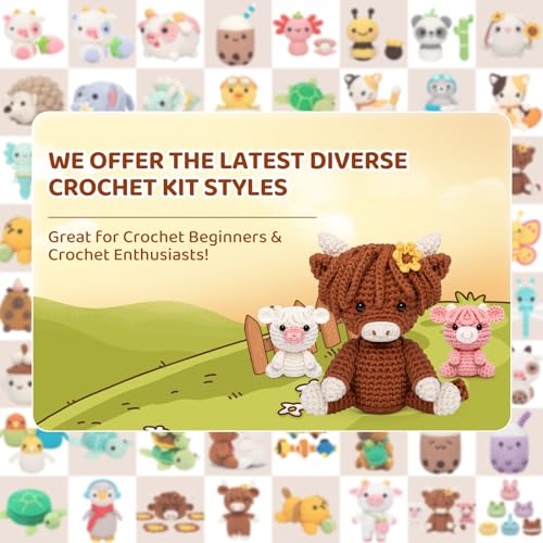 Image of Mewaii Beginner Crochet Kit with 40% Extra Yarn, Pre-Started Yarn & Video Tutorials - 3 Highland Cows Craft Set for Adults & Kids | 40% Extra Yarn, Video Tutorial, Pre-Started Piece, Beginner Friendly, Family Craft Gift for Adults & Kids