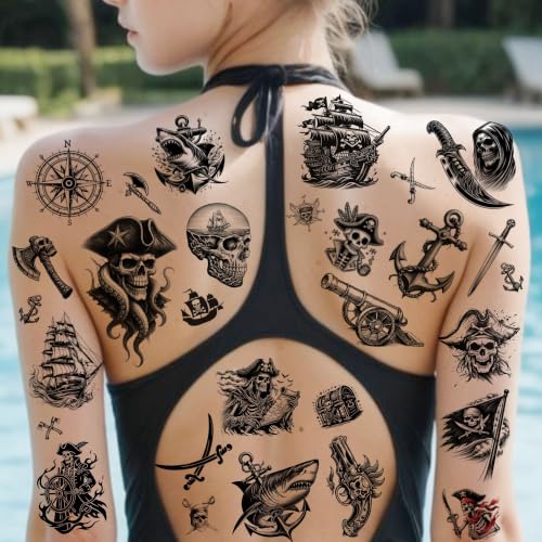 Image of VANTATY 50+ PCS 6 Sheets Skull Pirate Captain Temporary Tattoos For Men Women Adults Arm Hand Body Tattoo Sticker, Realistic Pirate Ship Sailboat Anchor Compass Fake Tattoos Halloween Costume Tatoos