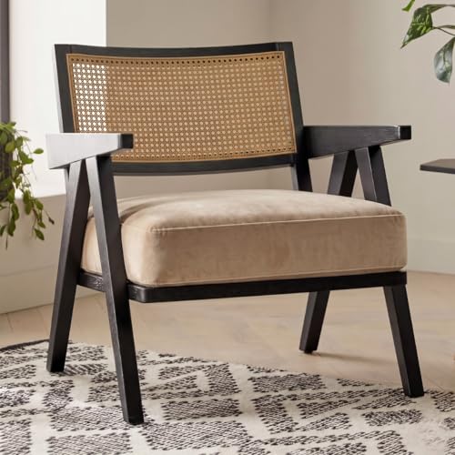 Image of Kingsman Furnitures ABEL Rattan Teak Wood Accent Arm Chair for Home Bedroom, Living, Dining, Drawing Room | Ultra Soft and Comfortable for Stress Free | Removable Cushion (Natural Cane- Beige Velvet)