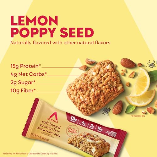 Image of Atkins Soft Baked Protein Bars, Lemon Poppyseed, 15g Protein, 2g Sugar, Excellent Source of Fiber, Low Carb, 6 Packs (4 Bars Each)