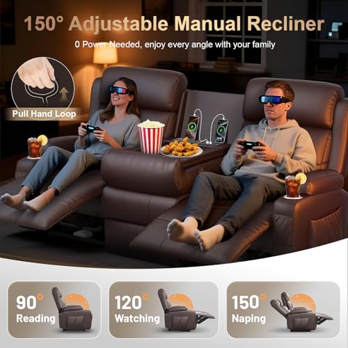 Image of Loveseat Recliner Sofa, Home Theater Seating with Massage, 3 Seat Reclining Loveseats with Flip Backrest, Wall Hugger RV Couch Theater Chairs, RV Furniture Sofas with USB, Cup Holders for Gaming Room