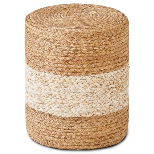 Wimarsbon Foot Stool Ottoman Round Natural Seagrass Footrest Stool Hand-Woven Boho Pouf Ottomans Home Decor Footstool Extra Seating for Living Room Bedroom Entryway White