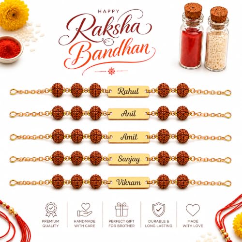 Image of Unisex-Adult Customized Name Rakhi For Brother | Rudraksha Beads, Custom Name Engraving, Adjustable Fit