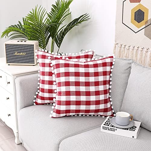 Throw Pillow Covers Red and White Buffalo Check Plaid Patterm 20 x 20 Inches Cushion Cover Tartan Farmhouse Pillow cases Pillow Shams with Pompoms for Sofa Couch Car Bedroom, Pack of 2, Red/White