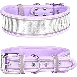 Rhinestone Dog Collar, Dazzling Sparkling Soft Suede Reflective Large Dog Collar Crystal Diamond Collar for Medium & Large Dogs (L:19-23″, Purple)