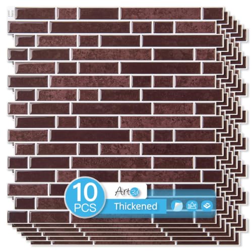 Art3d Linear Tile Peel and Stick Backsplash, 10-Pack, Dark Burgundy