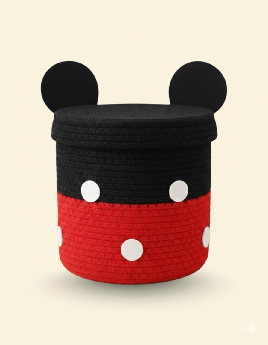 Multi-Purpose Cute Jute Basket with Lid Storage Baskets for Bathroom Living Room & Kitchen Organiser Box Vanity Box First aid Box (Pack of 1) 7x7 inch (LadyBug)