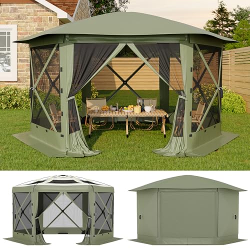 GarveeLife 13x13FT 6-Sided Pop Up Gazebo Tent，One-Push Setup Canopy Tent with Removable Canopy Top & Wind Cloths, Outdoor shelter for Camping, Backyard Parties, Outdoor Events - Army Green A
