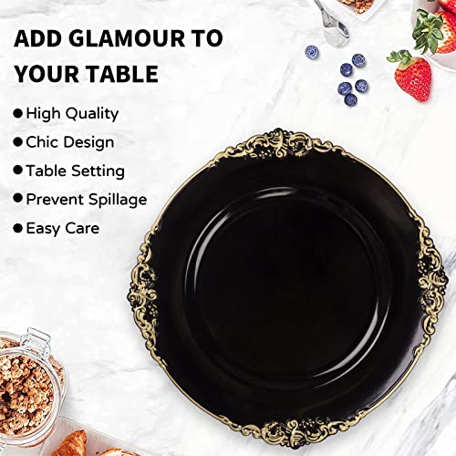 Maoname Black Charger Plates With Gold Rim, Round Antique Plate Chargers For Dinner Plates, 13" Plastic Charger For Wedding Table Setting, Set Of 6 #TOP4
