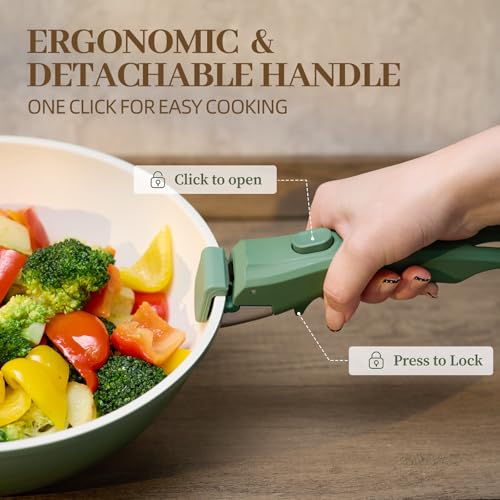 Image of Ceramic Cookware Set Non Stick 23Pcs Pots and Pans Set Non Toxic with Detachable Handle Induction Kitchen Cookware Set Space Saving, Oven & Dishwasher Safe, Green