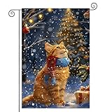BlissYard Christmas Cat Garden Flag 12x18 Double Sided Vertical Flag Christmas Outdoor Decorative Flags Orange Cat House Flags for Outside Winter Christmass Yard Garden Lawn Banner