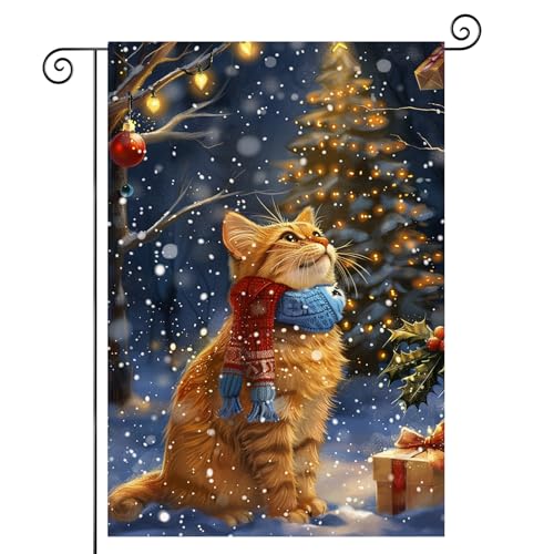 Image of BlissYard Christmas Cat Garden Flag 12x18 Double Sided Vertical Flag Christmas Outdoor Decorative Flags Orange Cat House Flags for Outside Winter Christmass Yard Garden Lawn Banner