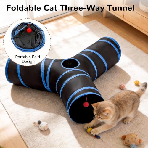 Image of Tempcore Cat Tunnel, 3-Way Collapsible Toy, Large Size Black & Royal Blue | Large Size 3-Way Cat Tunnel Provides More Room for Cats to Run, Hide and Chase, with Peek Holes, Hanging Ball and Teaser Wand