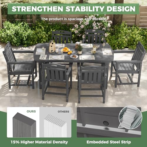 Image of Outdoor Rectangle Dining Table, Heavy-Duty HDPE Table for 6, Weatherproof Patio Table with Umbrella Hole, Rounded Corners for Safety, Grey