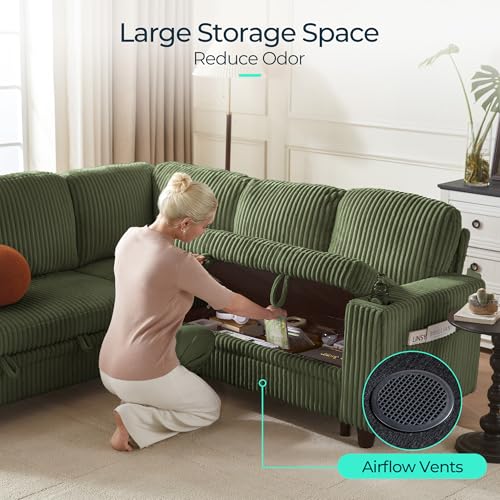 Image of LINSY HOME Sectional Sleeper Sofa Pull Out Couches for Living Room (Green, Sleeper Sofa 4) | Pull Out Sofa Bed, Storage, USB Charging, Cup Holders, Plush Corduroy | Pull Out Sofa Bed
