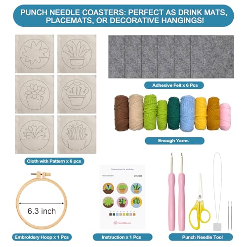 Image of Punch Needle Coaster Kit for Adults Beginners, Easy Punch Embroidery Starter Set with Instructions - Fun Mug Rug Making Kit for Table Decor & Festival DIY Gifts (6pcs Succulent Plants)