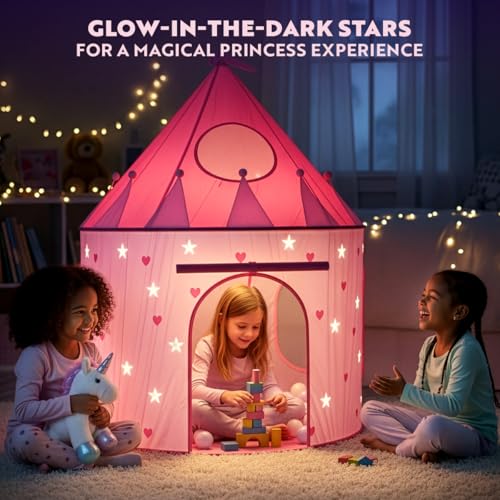 Image of Playz 5pc Princess Castle Play Tent for Kids Glow in Dark Pink Princess Pit
